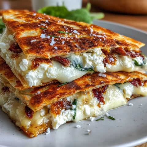 Close-up of melted Mediterranean Quesadillas with Spinach, Feta, Mozzarella, and Red Onion showing spinach and onions.