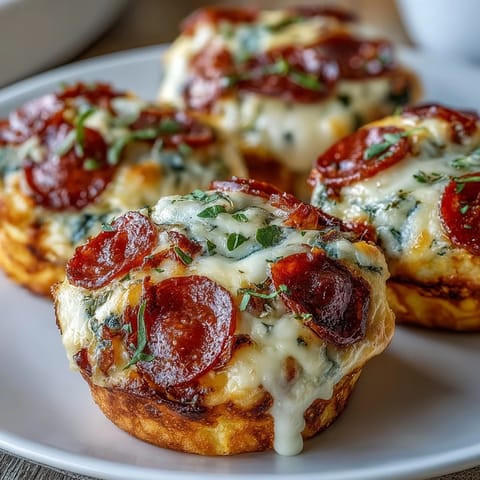 Golden-brown High-Protein Pepperoni Breakfast Cups sit in a muffin tin, each cup overflowing with bubbly mozzarella and a sprinkle of Italian herbs.  