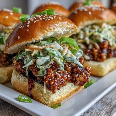 Close-up of Korean Turkey Sloppy Joe Sliders topped with a vibrant, tangy cabbage and carrot slaw.