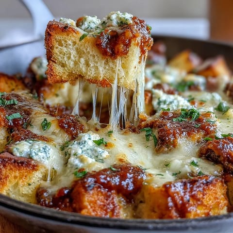 A hearty slice of cheesy garlic bread lasagna skillet shows melted ricotta and golden crust on a rustic wooden table, ready to serve.