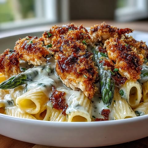 A skillet of golden, pan-seared chicken strips and penne pasta tossed in a creamy lemon-Parmesan sauce for Crispy Parmesan Asparagus Chicken Pasta.