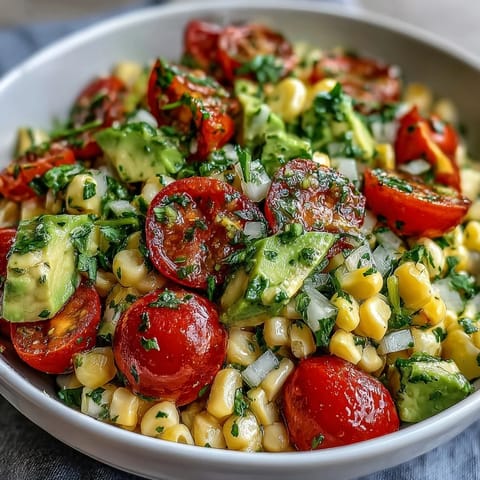 Fresh Corn and Tomato Salad with Avocado and Lime in a white bowl with juicy tomatoes, corn, and cilantro on a rustic table.