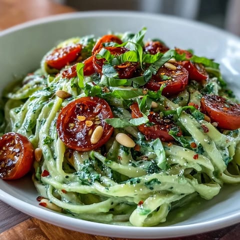 Bright green pasta dish featuring Vegan Creamy Avocado Lime Pasta with Cherry Tomatoes served in a white bowl with lemon wedges.
