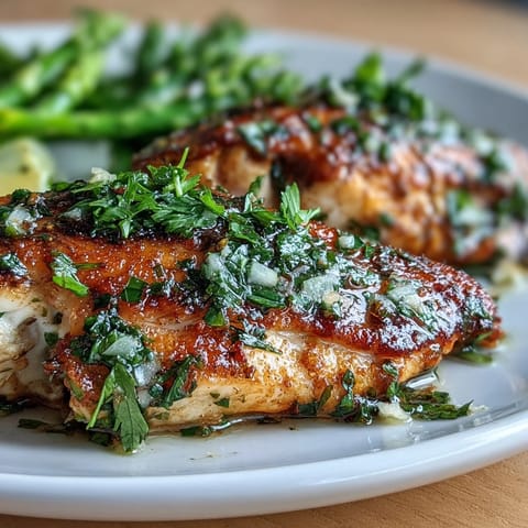 Golden-brown Lemon Herb Tilapia fillets alongside bright green steamed asparagus and a sprinkle of fresh parsley.