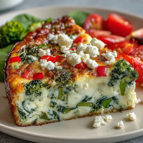 Protein-rich egg white frittata loaded with spinach, broccoli, and bell peppers, perfect for a healthy low-calorie brunch.  