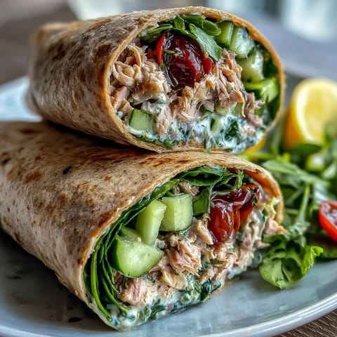 Fresh tuna and white bean salad wrap with crisp veggies, zesty lemon dressing, and hearty whole wheat tortilla for a quick lunch.