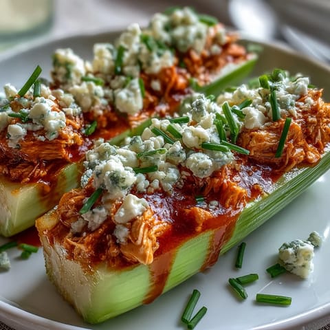 Spicy buffalo chicken mixture stuffed into crunchy celery boats, topped with crumbled blue cheese for a zesty, keto-friendly appetizer or snack.