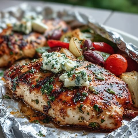 Juicy Greek chicken and fresh veggies wrapped in foil with lemon and oregano.  
