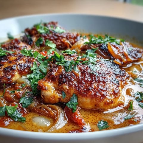 Spicy Tangy Baked Chicken Curry with golden chicken thighs in a creamy coconut curry sauce, garnished with fresh cilantro and lime wedges.