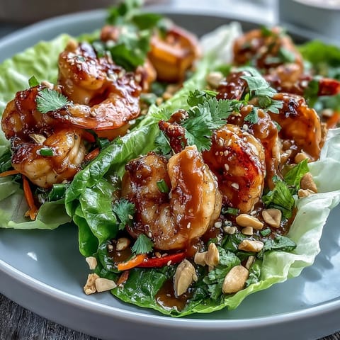Vibrant shrimp lettuce wraps topped with crunchy vegetables, fresh lime, and rich peanut sauce, perfect for a light Asian-inspired dinner.  
