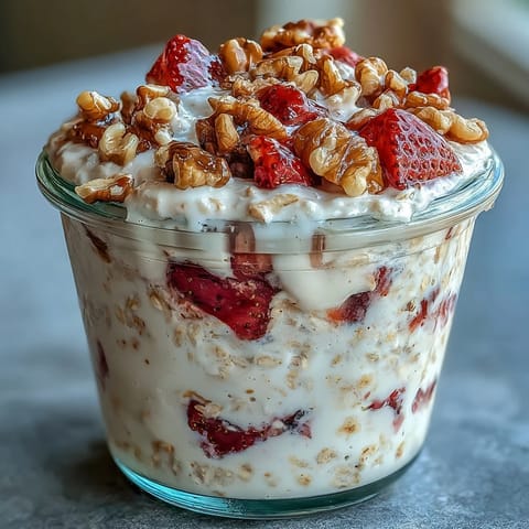 A jar of creamy overnight oats layered with strawberries, banana, and crunchy walnuts, perfect for a healthy breakfast.