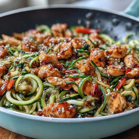 Healthy Easy Zucchini Noodle Stir Fry with Chicken - colorful, tender chicken and spiralized zucchini noodles stir-fried with crisp vegetables in a savory Asian sauce.