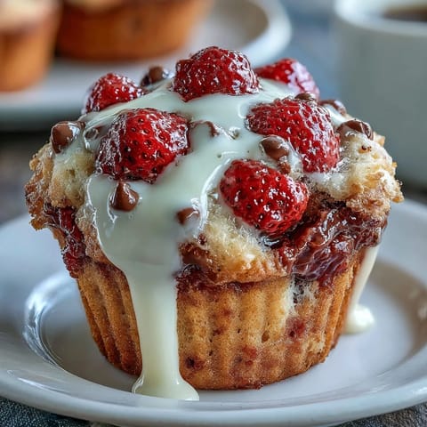 Warm muffins bursting with juicy strawberries and melted white chocolate, ideal for a comforting morning snack.