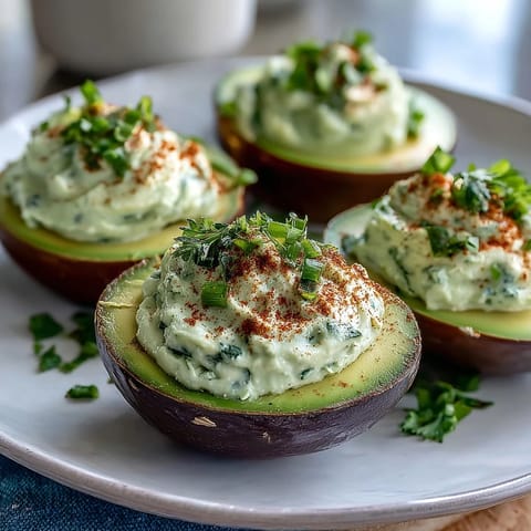 Vibrant green avocado deviled eggs featuring smooth, herby filling, perfect for colorful spring appetizers or Easter brunch.
