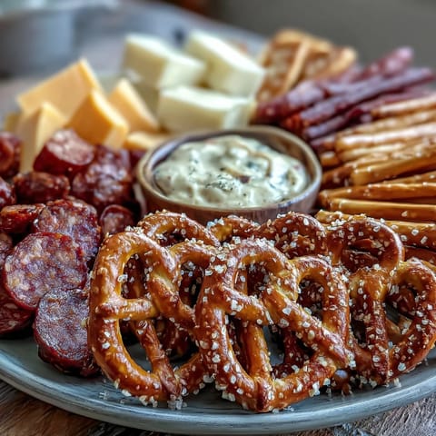 Game Day Baseball Snack Board with Pretzels and Dips: Cheer-worthy spread featuring pretzel bites, beer cheese, honey mustard, and crunchy veggies for festive game day gatherings.  