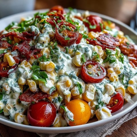 Creamy Corn Salad with Jalapeño bursting with fresh sweet corn, crisp veggies, and a tangy, spicy dressing.