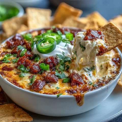Creamy Cinco de Mayo Loaded Queso Dip with spicy chorizo and fresh pico de gallo, served with crispy tortilla chips.