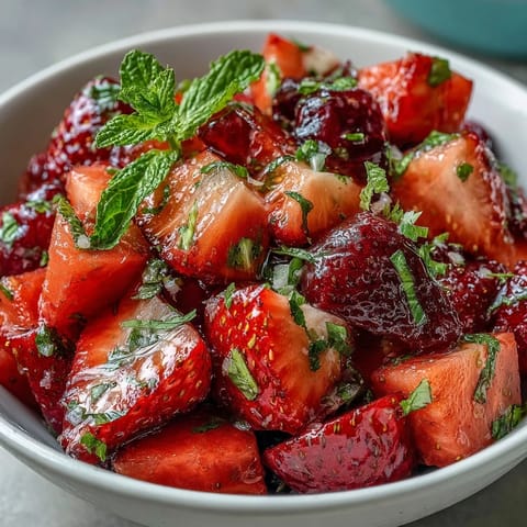 Bright strawberry lemonade fruit salad with juicy strawberries, blueberries, and pineapple in a tangy citrus dressing.