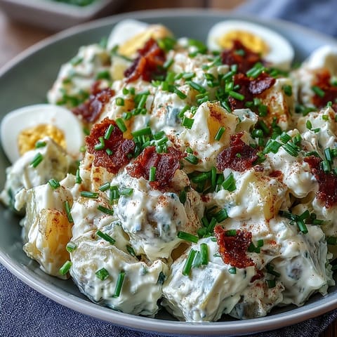 Creamy Classic Deviled Egg Potato Salad with tender potatoes, crunchy celery, and tangy mustard dressing, garnished with fresh chives.