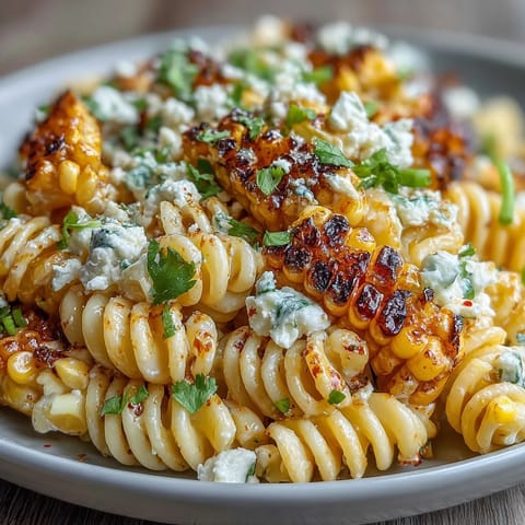 Elote Corn Pasta with Cotija features creamy, tangy dressing and charred corn for a vibrant, Mexican-inspired salad.  