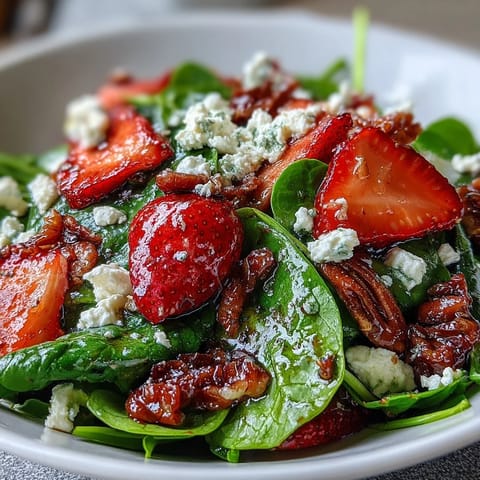 Spring strawberry spinach salad with creamy goat cheese and candied pecans, tossed in tangy balsamic vinaigrette for a vibrant, refreshing dish.