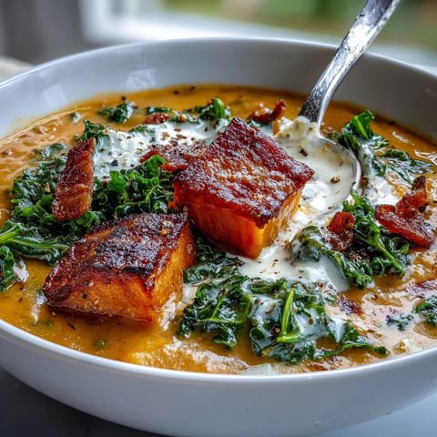 Hearty bowl of smoky sweet potato chowder topped with pancetta, featuring sweet potatoes, kale, and warming spices.  