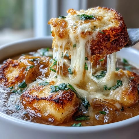 Hearty Gnocchi French Onion Soup with caramelized onions and melted Gruyère cheese, served in a rustic bowl.