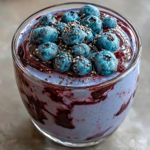 Delicious blueberry and flaxseed kefir smoothie, blended smooth for a healthy start.