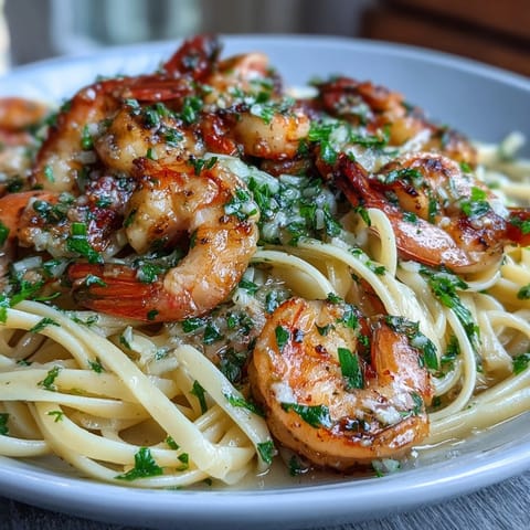Tender shrimp and linguine coated in a luscious white wine garlic sauce, perfectly plated.