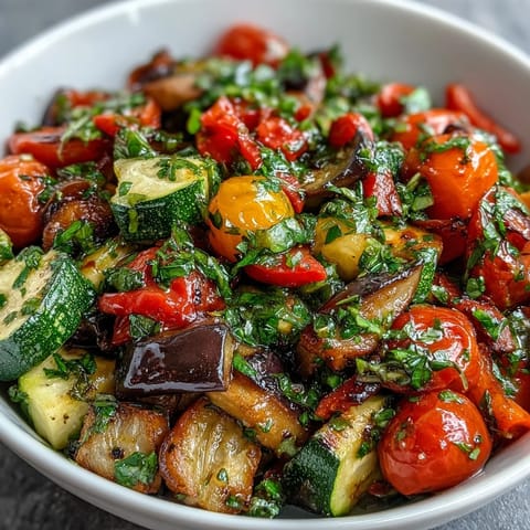Vibrant summer Fresh Ratatouille Salad featuring tender sautéed and raw vegetables.