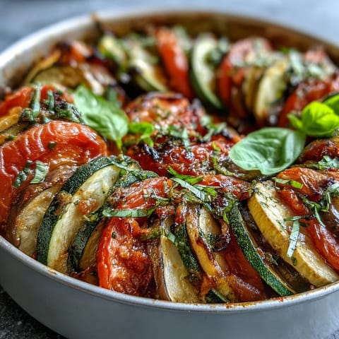 Classic French Vegetable Tian, colorful baked layers, savory herb aroma, perfect side dish.