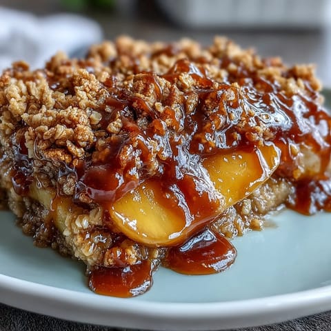 Miso Caramel Peach Crisp with bubbling peaches and golden brown crumble topping.