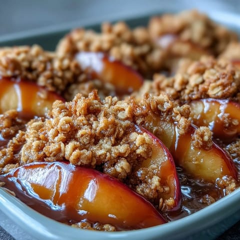 Warm Miso Caramel Peach Crisp, showing gooey caramel against tender fruit.