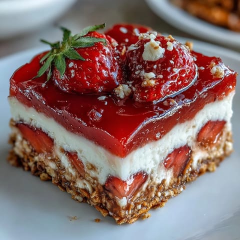 Strawberry Pretzel Jello Salad: Sweet, salty layers topped with plump strawberries.