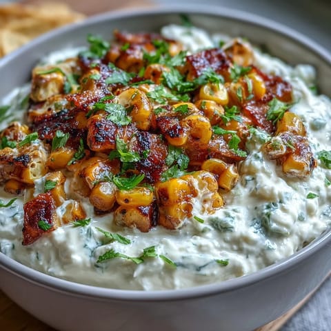 Creamy Cottage Cheese Queso with roasted corn, perfect for dipping chips.
