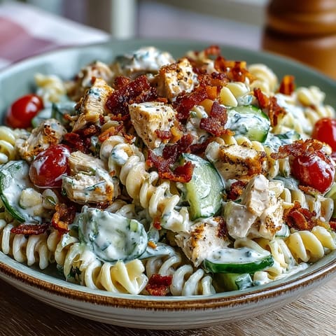 Creamy chicken bacon ranch pasta salad showcasing colorful vegetables and a rich, velvety dressing.