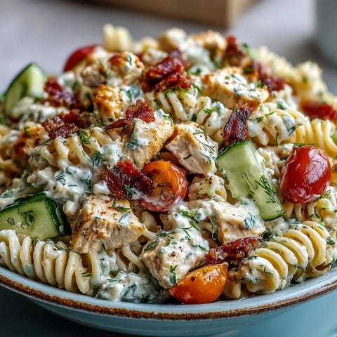 Deliciously cold chicken bacon ranch pasta salad loaded with crispy bacon, fresh produce.