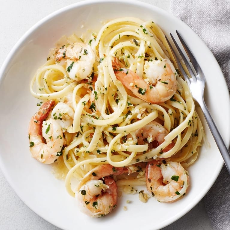 Close-up showing glistening Creamy Herb Shrimp Linguine, ready to be enjoyed.