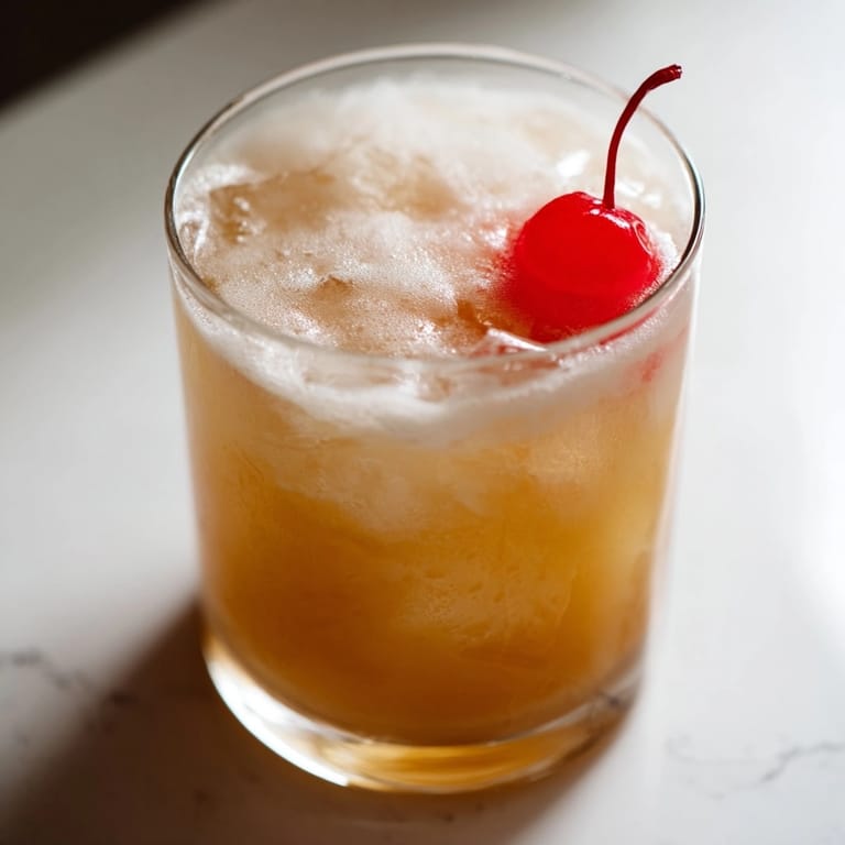 Frothy, tangy Whiskey Sour recipe: golden whiskey drink, lemon slice, ready to enjoy.