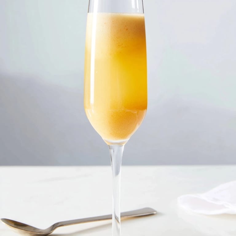 Golden peach bellini drink, summer brunch cocktail, refreshing and fruity Prosecco mix.