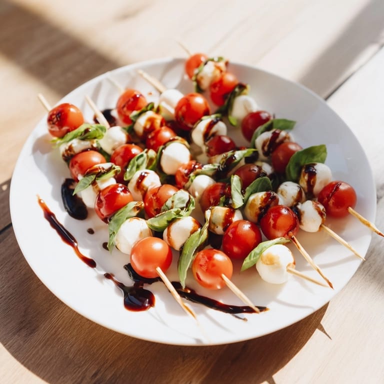 Fresh Mini Caprese Skewers bursting with basil aroma ready to be served for guests.