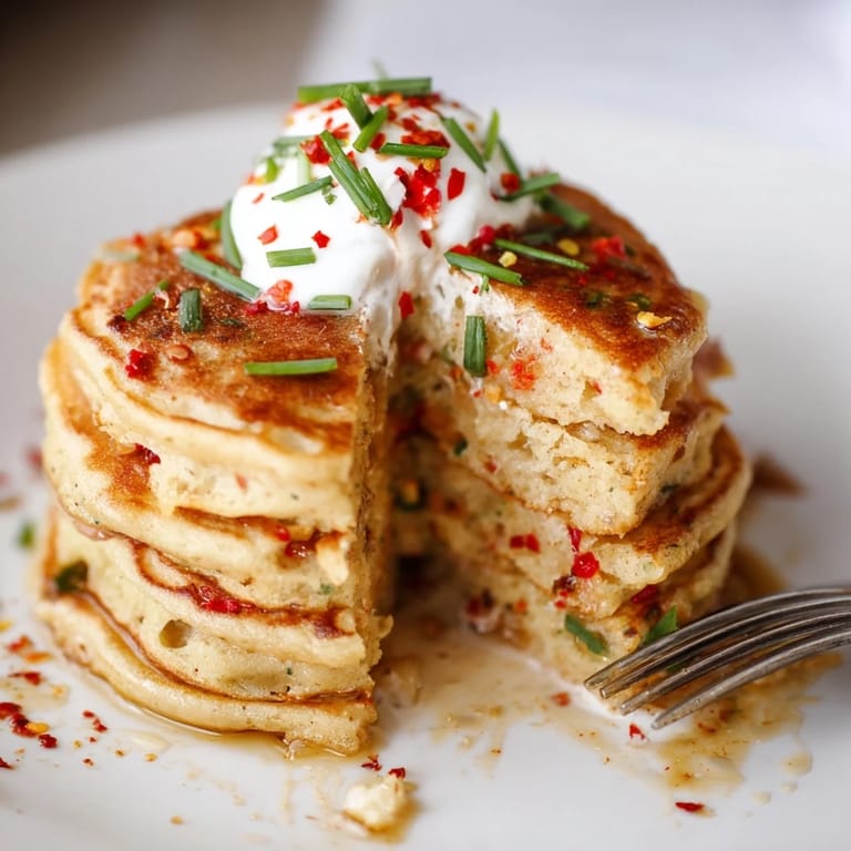 Light and airy Chili Garlic Soda Muffin Pancakes paired with fresh ingredients for flavor.