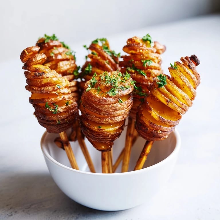 Golden spiral potatoes seasoned with garlic and smoked paprika, perfect as a fun snack.  