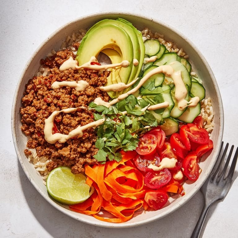 Savory plant-based meat bowl topped with creamy avocado and vibrant cherry tomatoes.  