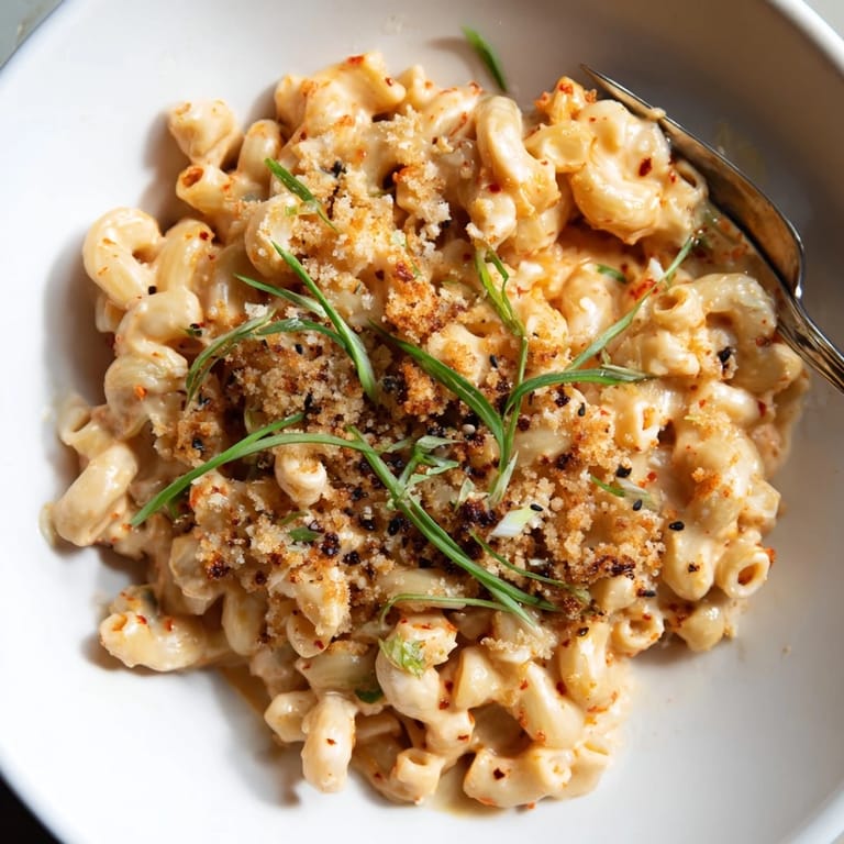 Indulge in Spicy Kimchi Mac & Cheese, bursting with tangy flavors and melted cheese.  