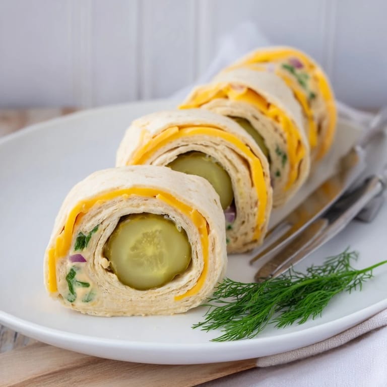 Tangy pickles wrapped in cheese-filled tortillas make tasty Pickle-in-a-Blanket bites.