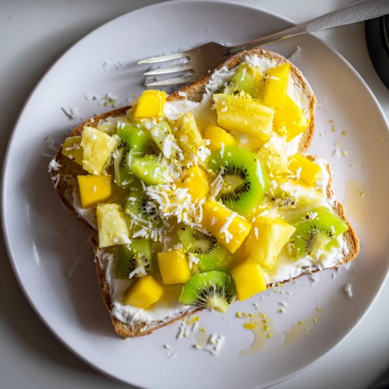 Crispy brioche yogurt-custard toast drizzled with honey and fresh fruit slices.  