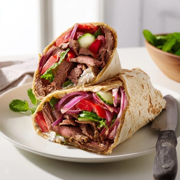 Savory beef shawarma wraps garnished with fresh herbs and zesty yogurt dressing.