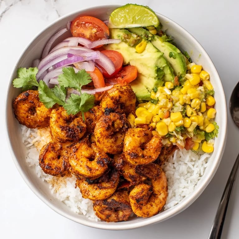 Savor this blackened shrimp bowl featuring spicy shrimp and zesty avocado corn salsa.