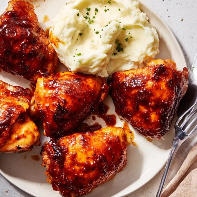 Oven-baked honey BBQ chicken thighs served with buttery garlic mashed potatoes for dinner bliss.